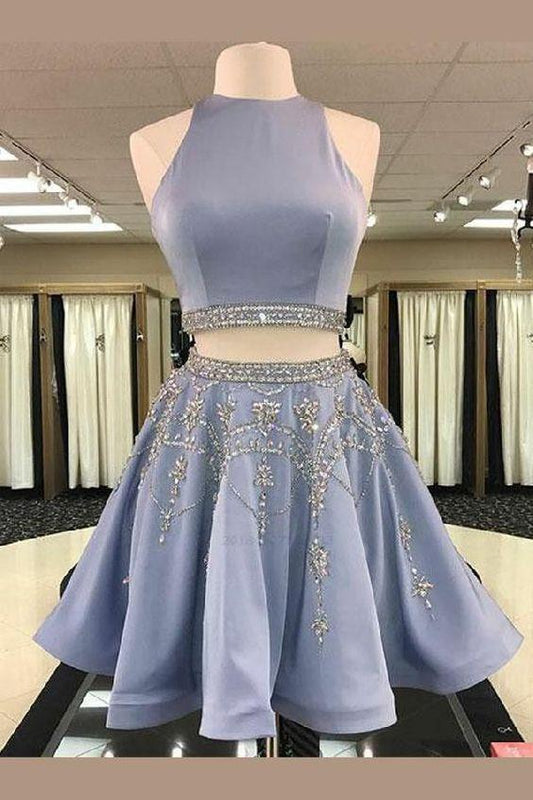 Mckinley Two Piece Round Neck Short Homecoming Dresses Light Sky Blue Beaded, cheap CD16