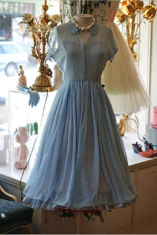 Light Dresses Chiffon Elegant Kay A-Line Doll Collar Short Sleeves homecoming Blue Chiffon Vintage Style Homecoming Dresses Dress CD1623
