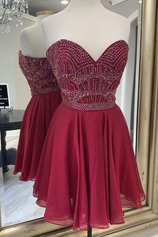beaded sweetheart wine red chiffon short homecoming dress Sanaa Homecoming Dresses sweet 16 dress CD16559
