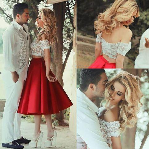 Two Piece Serenity Red Satin Lace Homecoming Dresses Off-the-shoulder White Short Sleeve Tea-Length Party Dresses, homecoming dress CD167