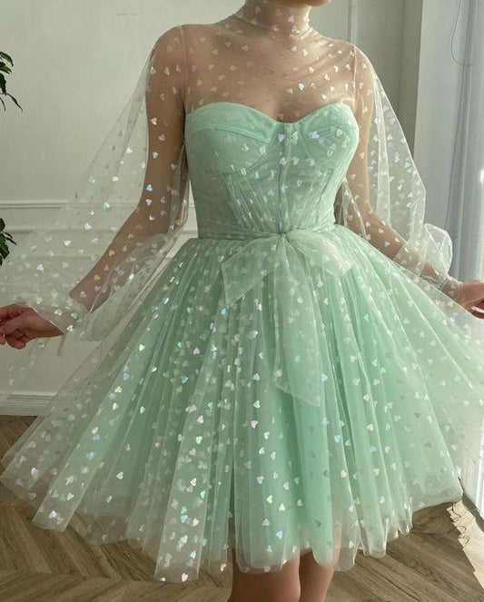 Homecoming Dresses A-Line Tulle Audrey Evening Dresses, Long Sleeves Princess Gown CD18754