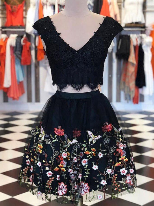 Homecoming Dresses Two Pieces V Litzy neck Lace Dresses Short Black With Floral CD1881