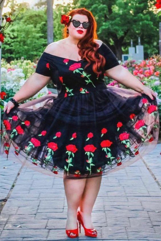 Short plus size off the shoulder black and Lilith rose floral Homecoming Dresses embroidered CD19214