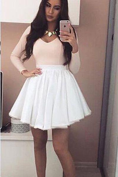 Pink V-neck Long Sleeves Homecoming Dresses Mini Jaylah Grad with White Skirt CD1958