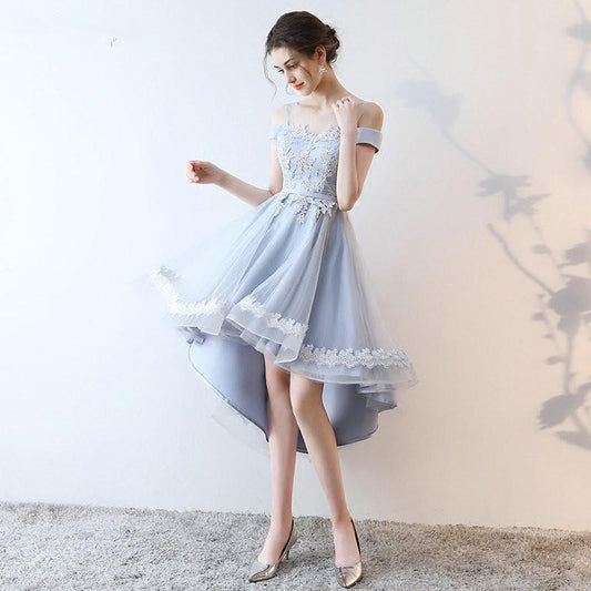 Beautiful Light Rachael Grey Tulle Off Shoulder High Homecoming Dresses Low Lace Party Dress, Grey CD19612