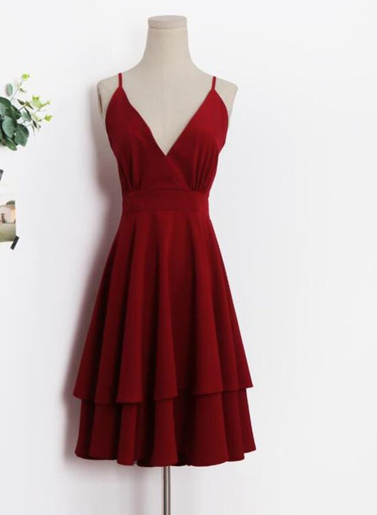 Beautiful Dark Red V-Neckline Chiffon Layers Homecoming Dresses Virginia Women Dresses, Fashion Women homecoming Dresses CD2088