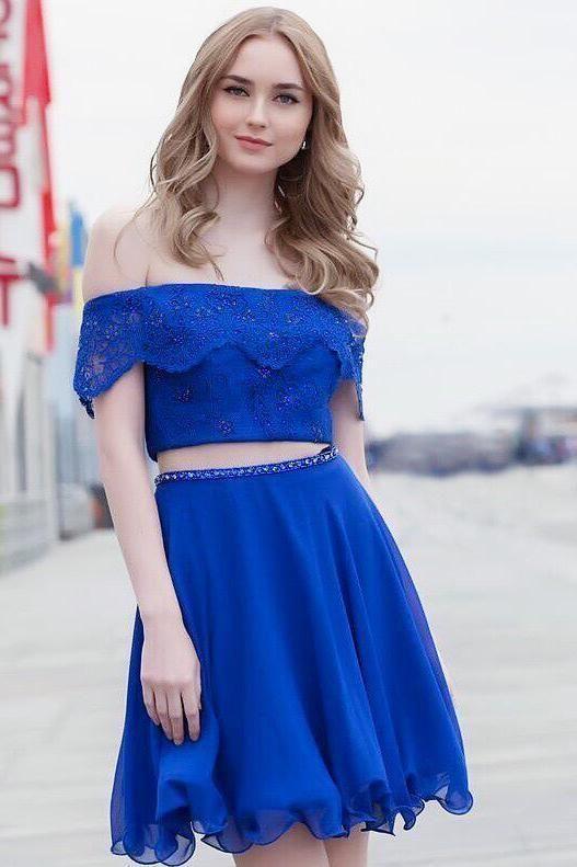 Two Piece Royal Homecoming Dresses Blue Lace Dress, Sexy Short Party Marlee Dress, for Party CD2133