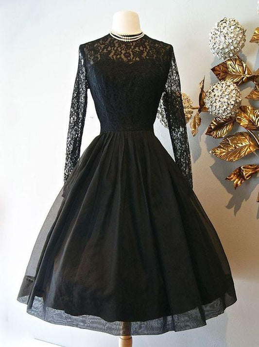 Vintage Style Homecoming Dresses A-Line Shyanne Knee-Length Long Sleeves Black With Lace CD23633