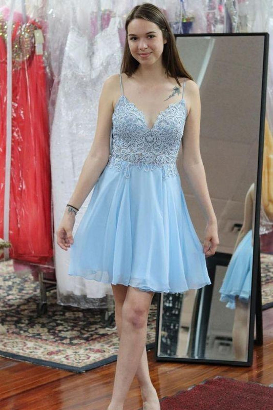 A-line light blue chiffon short homecoming dress features Regina with spaghetti straps Homecoming Dresses and lace bodice CD24034