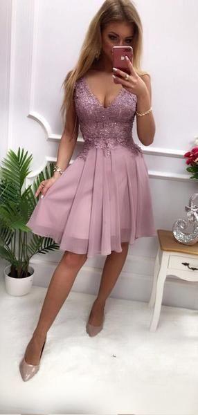 Dusty Purple V Neck Lace Applique Chiffon Homecoming Dresses A Line Allisson Short CD24278