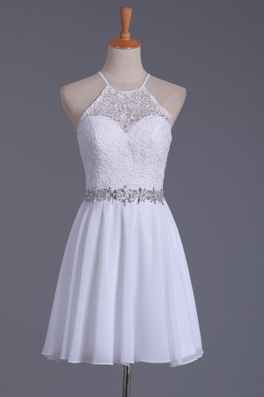 Homecoming Dresses 2024 White Halter A Line Chiffon & Lace Short/Mini dress Jadyn CD243