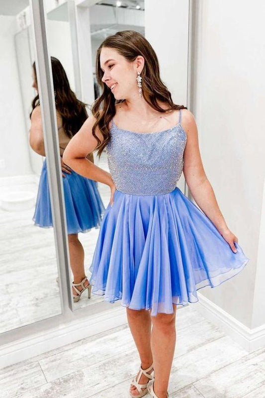 A-line blue short chiffon Homecoming Dresses homecoming Harmony dress with spaghetti straps and beaded bodice CD24530