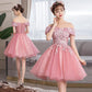 Lovely Kyra Pink Lace Applique Off Shoulder Cute Party Dress , Short Formal Dress Homecoming Dresses CD24556