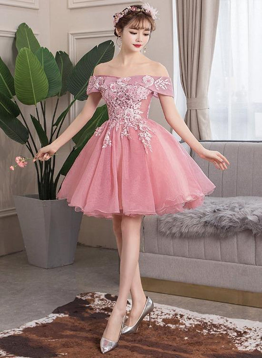 Lovely Kyra Pink Lace Applique Off Shoulder Cute Party Dress , Short Formal Dress Homecoming Dresses CD24556