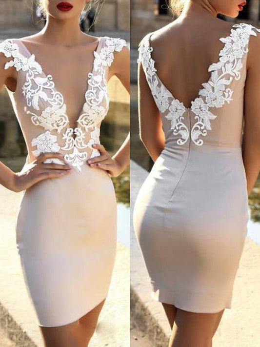 Homecoming Dresses White Patchwork Lace Julissa Zipper Backless Bodycon Deep V-neck Elegant Mini Dress CD24588