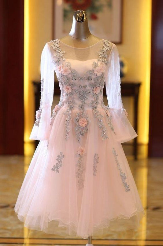 Adorable Pink Homecoming Dresses Tulle Knee Length Long Sleeves Party Dress, Pink Cassandra CD24614