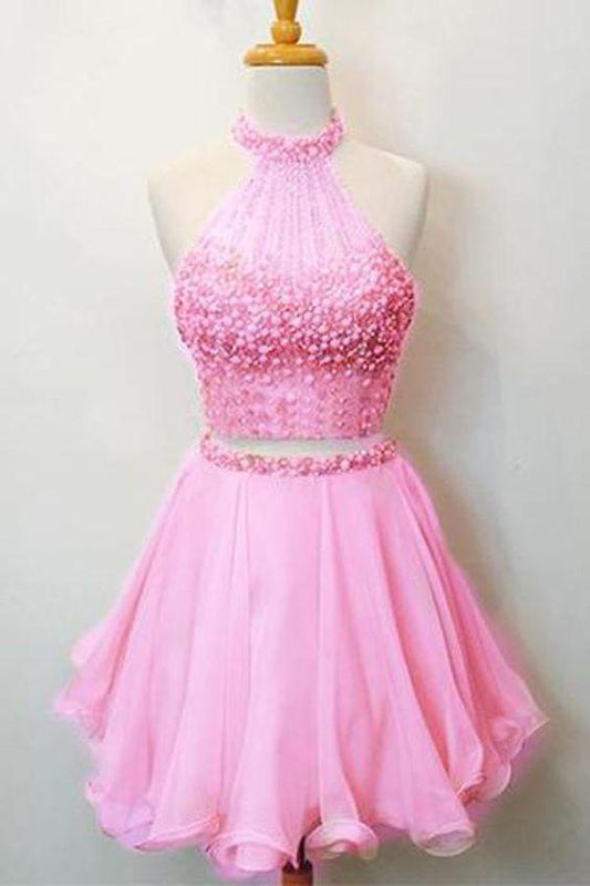 Hot Pink Homecoming Dresses Two Piece Halter Beaded Scoop Lucille Neck Keyhole Back CD24615