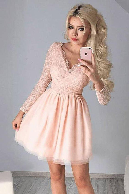 A-Line V-Neck Pink Tulle Long Sleeves Tulle Kaley With Homecoming Dresses Lace CD24663