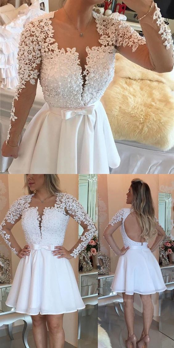 Short white party dresses, mini open Homecoming Dresses back long sleeves homecoming dresses, sexy Kaylie deep v-neck lace party dresses CD265