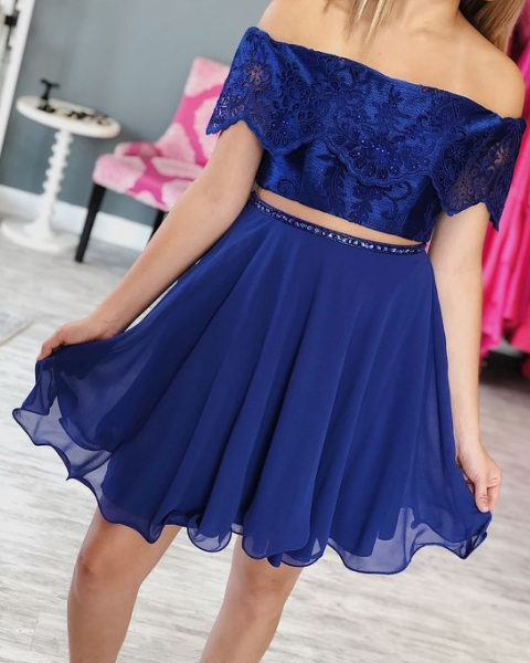 Cute A Line Tow Piece Homecoming Dresses Off the Shoulder Royal Blue Destiny Chiffon Lace Short with Beading CD2688