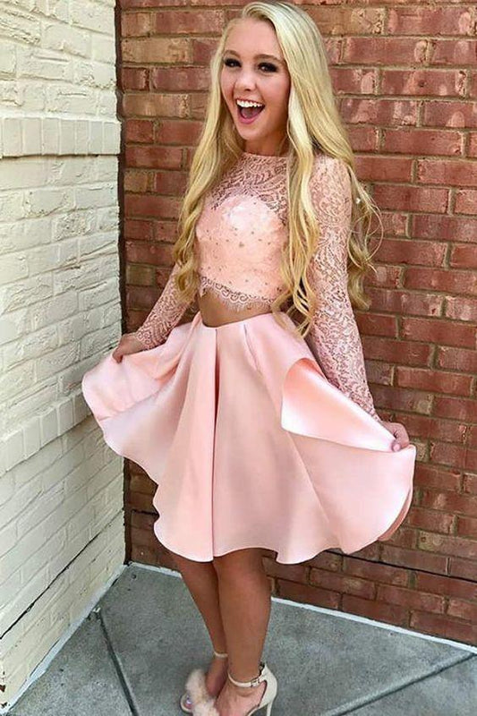 Two Piece Jewel Long Sleeves Short Pink with Homecoming Dresses Lace Tamia Party Dress CD2728