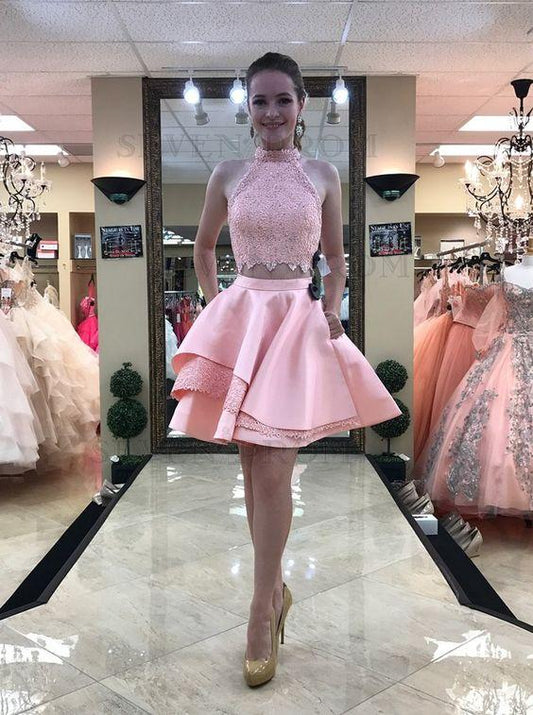 Two Piece Homecoming Dresses High Sandy Neck Above-Knee Pink with Lace Pockets CD2832