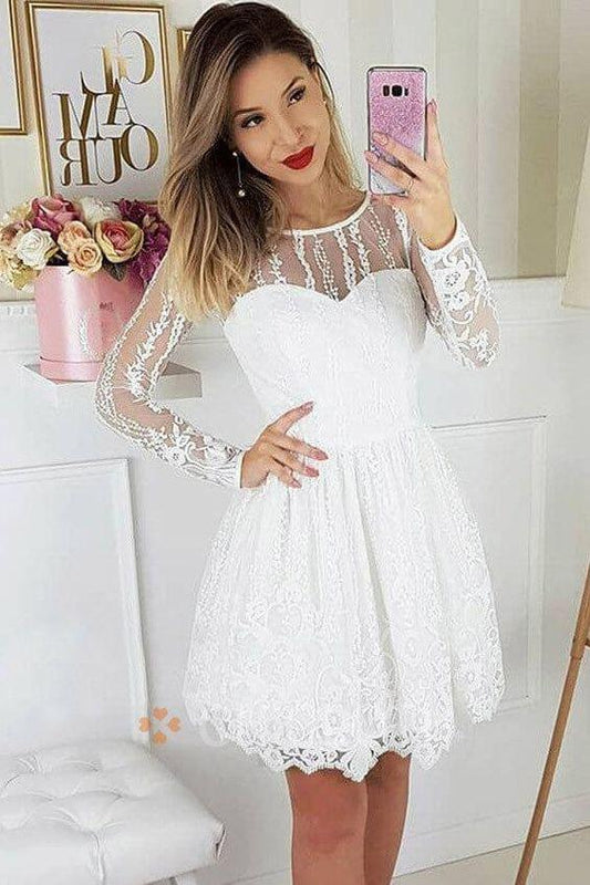 A-Line Round Neck Homecoming Dresses Long Sleeves White Lace Short Homecoming Party Jessie Dress CD3017