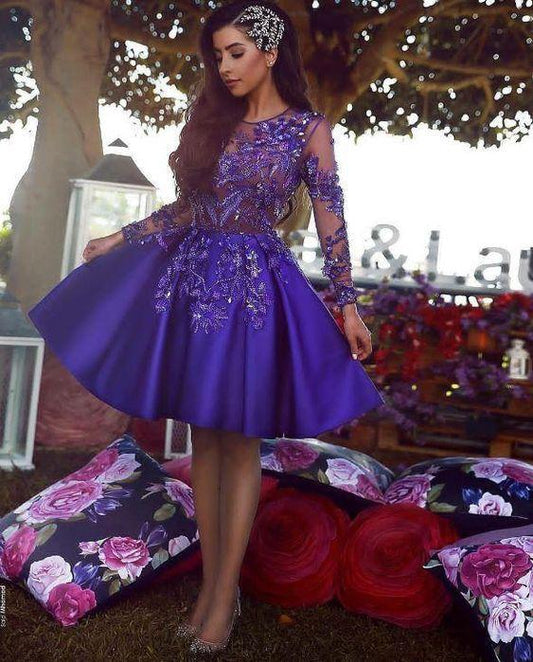 A-Line Round Mariah Neck Long Sleeves Royal Blue Short homecoming Dress with Homecoming Dresses Appliques CD312