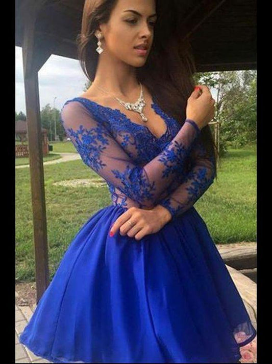 long sleeves lace dresses Homecoming Dresses short, short Sonia royal blue homecoming dresses CD314