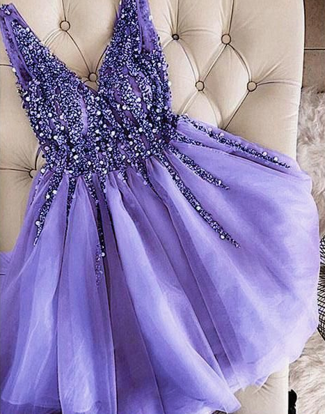 V-Neck Madalynn Beaded Short Lavender Custom Homecoming Dresses Made Cute Cocktail Party Dress CD3297