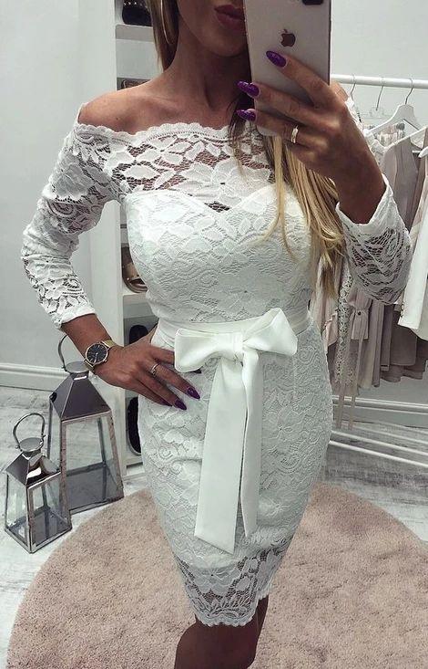 Heather Sheath Off-the-Shoulder Long Sleeves Above-Knee Homecoming Dresses White Lace Homecoming dress CD3499