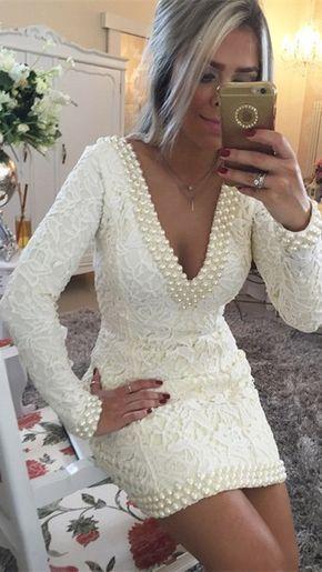 Trinity A-Line Lace V-neck Long Sleeves Short/Mini Homecoming Dresses With Pearls Dresses, homecoming dress CD352