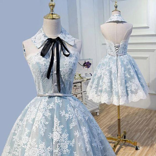 Halter Homecoming Dresses Light Sky Blue Lace Valentina Appliques with Lace up, Cocktail Dresses CD3664