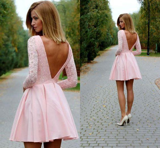 Pink lace , Sexy Homecoming Dresses Mini Long Sleeves Party Dress, Deep V back Rosa backless Club Dresses CD386