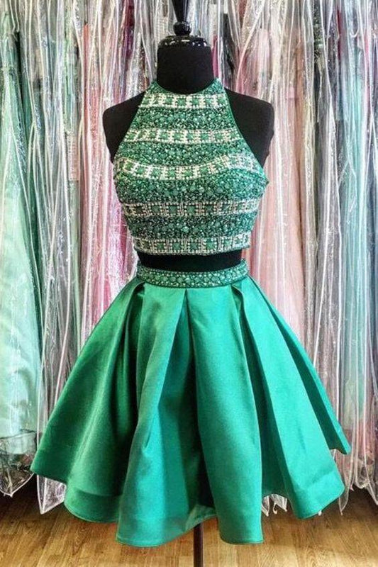 Homecoming Dresses Morden Josephine Two Pieces Green Satins Two Pieces Beading Round Neck Short homecoming Dresses CD4003