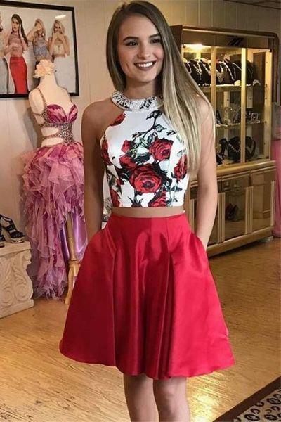 two piece floral red short homecoming Julia dresses with pocket, simple Homecoming Dresses a line knee length graduation party dress CD407