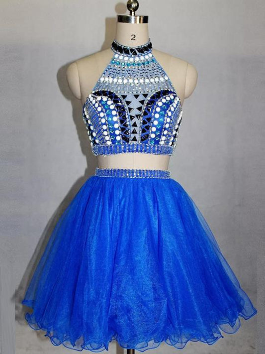 Alena Blue Homecoming Dresses Two Pieces High Neck Beaded Short Cocktail Dresses CD413