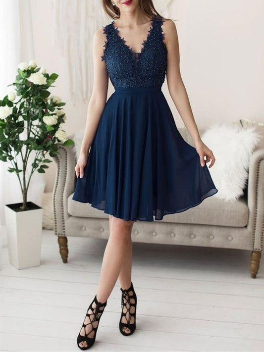V neck dark Janiya blue chiffon lace short party dress, Beaded lace Homecoming Dresses short graduation homecoming dress CD4440
