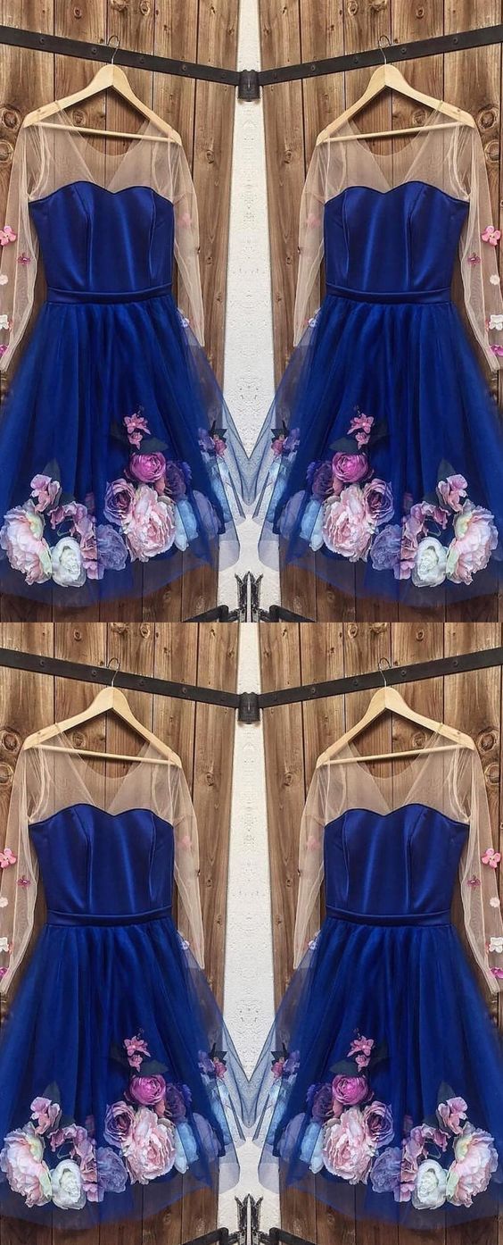 Long Sleeves 3D Floral Short Blue Dresses, Short Blue Rubi Formal Homecoming Dresses Graduation CD4513