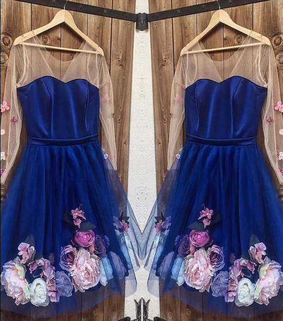 Long Sleeves 3D Floral Short Blue Dresses, Short Blue Rubi Formal Homecoming Dresses Graduation CD4513