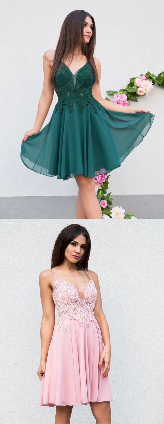 A Line V Neck Short Pink/Green Lace homecoming Dresses, V Neck Mackenzie Short Lace Homecoming Dresses Dresses CD4587