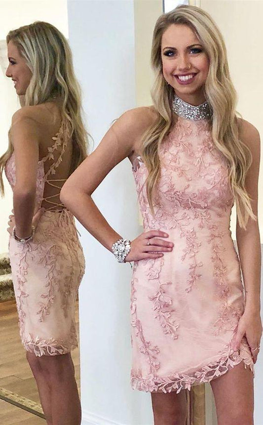 pink lace short homecoming dresses, sexy Homecoming Dresses short party dresses tight, modest tie straps back hoco dresses Zoie CD5065