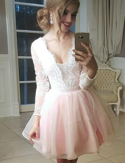 A-Line V-Neck Long Sleeves Pink Areli Tulle Homecoming Cocktail Dress With Appliques Homecoming Dresses CD536