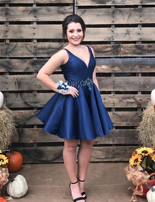 A-Line V-Neck Homecoming Dresses Short Annika Navy Blue Satin Homecoming Cocktail Dress With Beading CD537