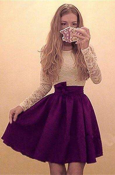 A-Line Estrella Homecoming Dresses Round Neck Long Sleeves Purple Short Chiffon with Lace CD6667