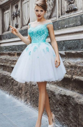 A-Line Illusion Cap Sleeves Keyhole Back Lace Homecoming Dresses Up White Tulle with Green Appliques Celia CD790