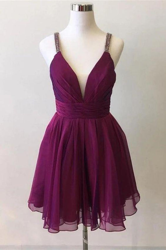 Kelsey Cute Deep V Neck Purple Chiffon Beads Homecoming Dresses Formal Dresses CD8299