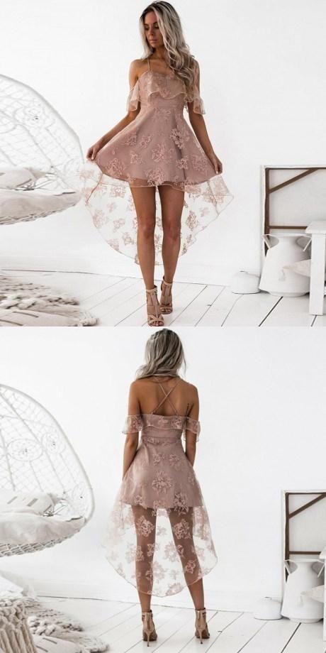 Fancy Lace Homecoming Dresses Party Dress A-Line Spaghetti Straps High Low Blush Lace Baylee With Ruffles CD85