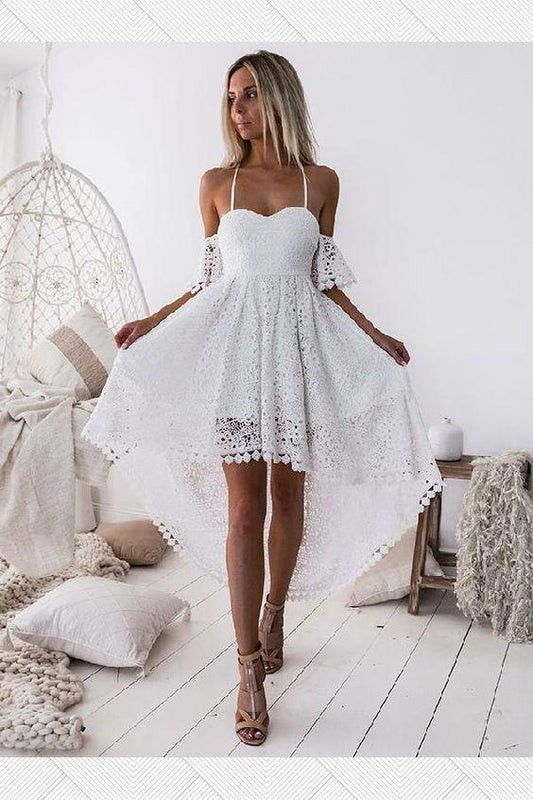 White Party Dress A-Line Spaghetti Straps Short Sleeves High Low White Homecoming Dresses Faith Lace CD87