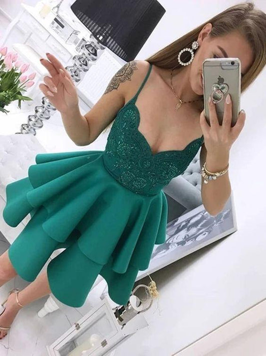 Spaghetti Straps Green Lace Short , Layered Green Lace Homecoming Dresses Formal Graduation Evening Lauren Dresses CD8744